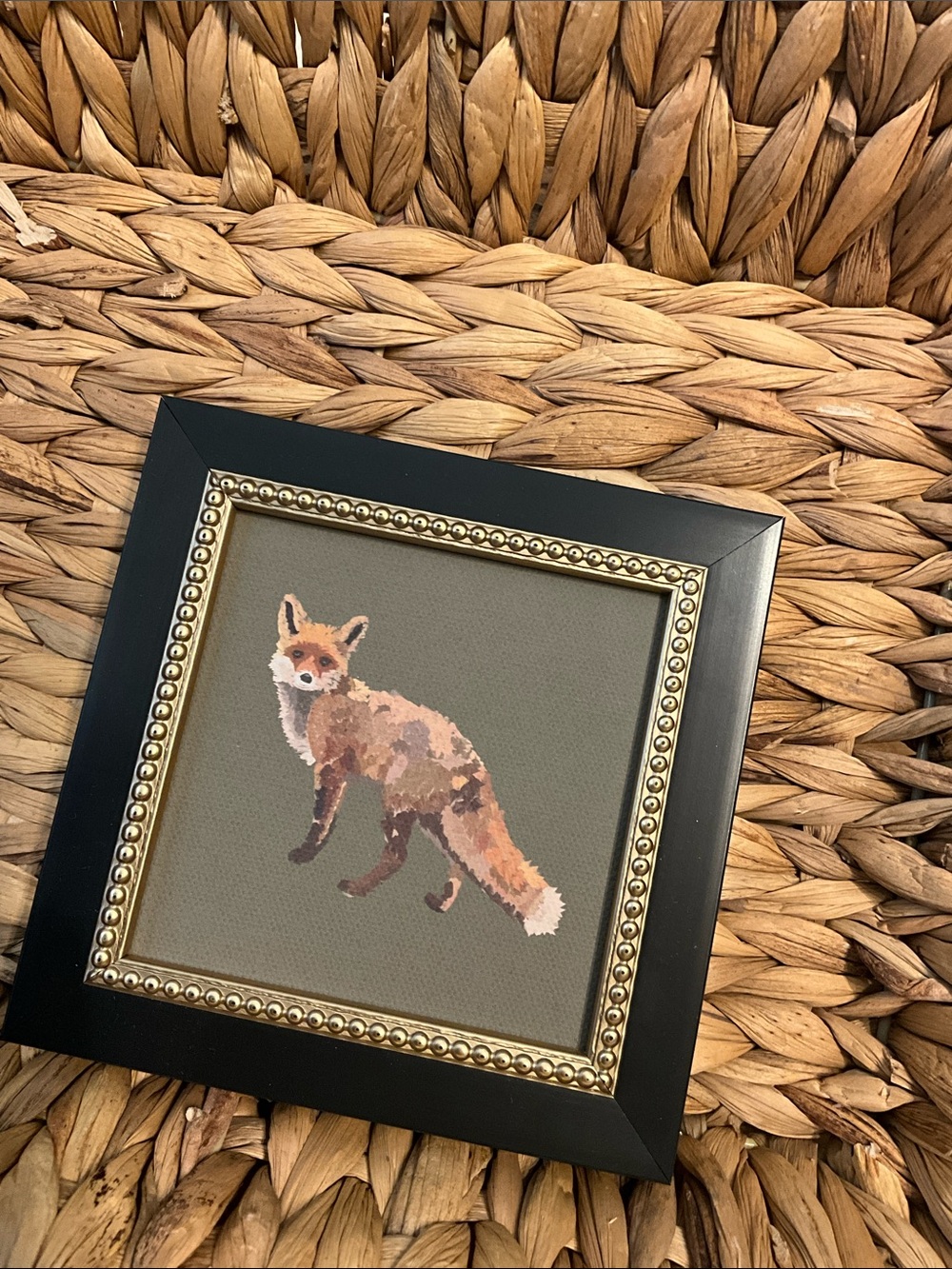 Gallery Wall art, Mini Framed Fox Needlepoint Art in Olive Background